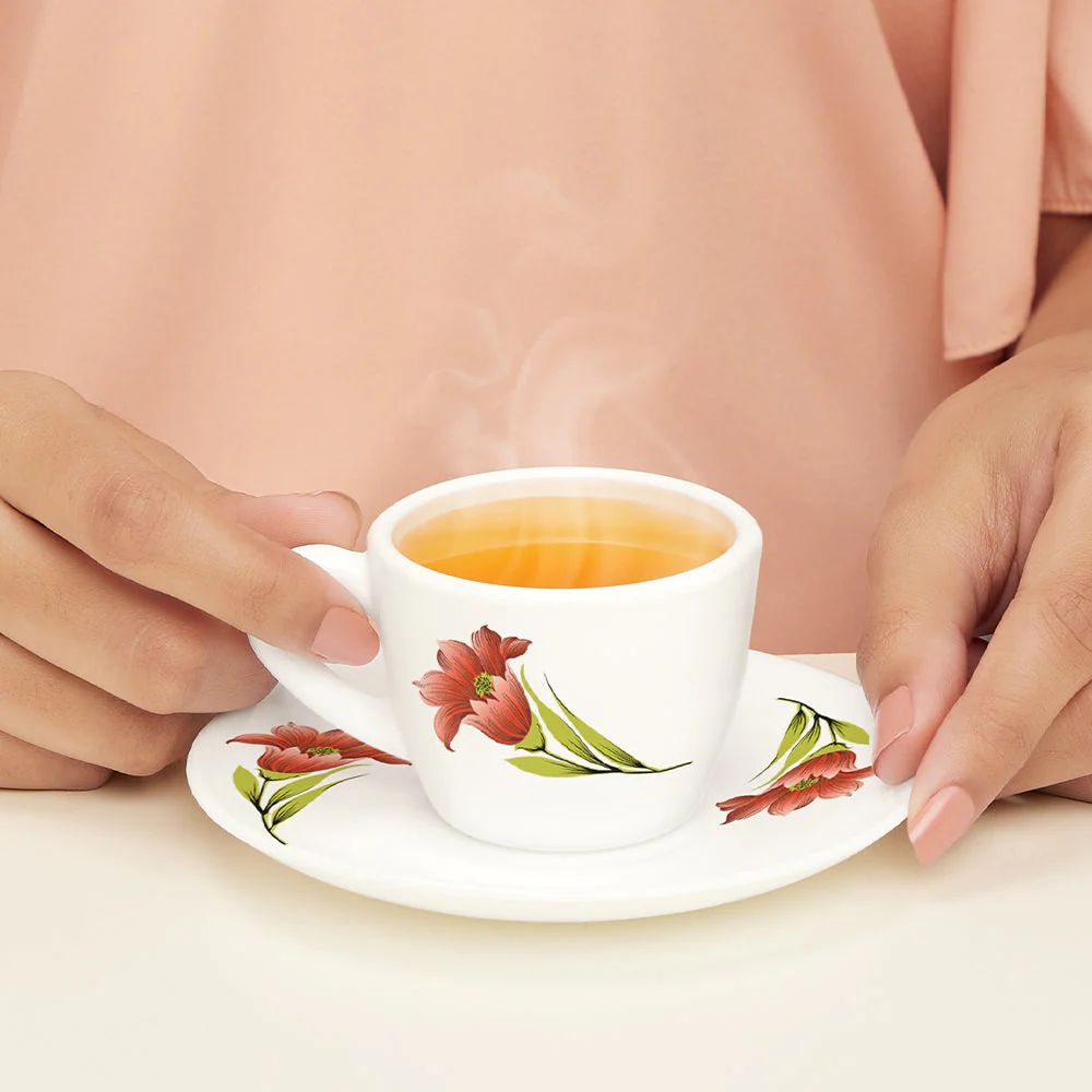 Larah by Borosil Opalware Red Iris Cup and Saucer Set - 6