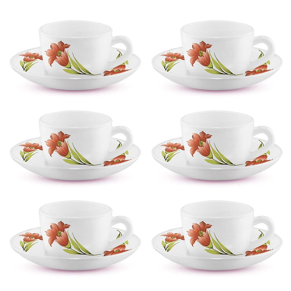 Larah by Borosil Opalware Red Iris Cup and Saucer Set - 2