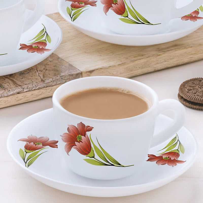 Larah by Borosil Opalware Red Iris Cup and Saucer Set - 3