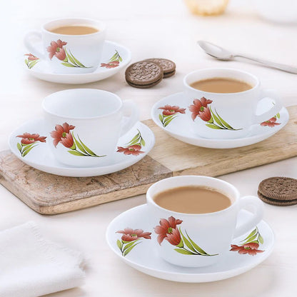 Larah by Borosil Opalware Red Iris Cup and Saucer Set - 4