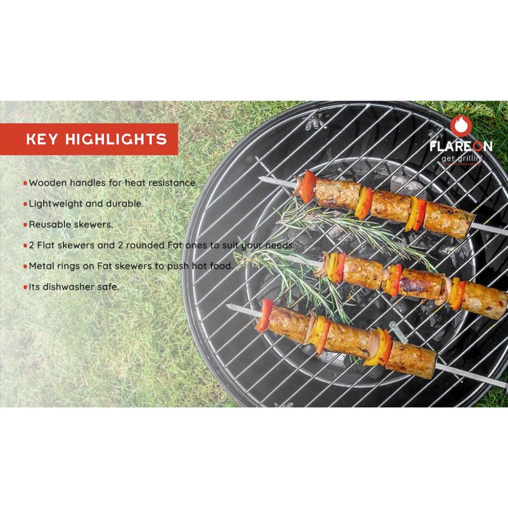 Flareon Flat and Fat Stainless Steel BBQ Spears with Wooden Handle - 4