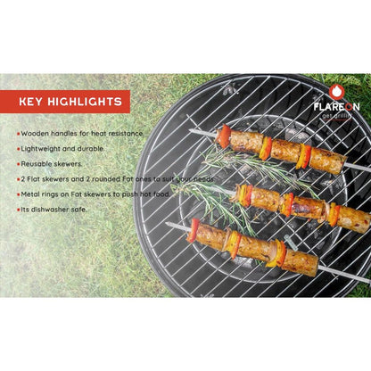 Flareon Flat and Fat Stainless Steel BBQ Spears with Wooden Handle - 4