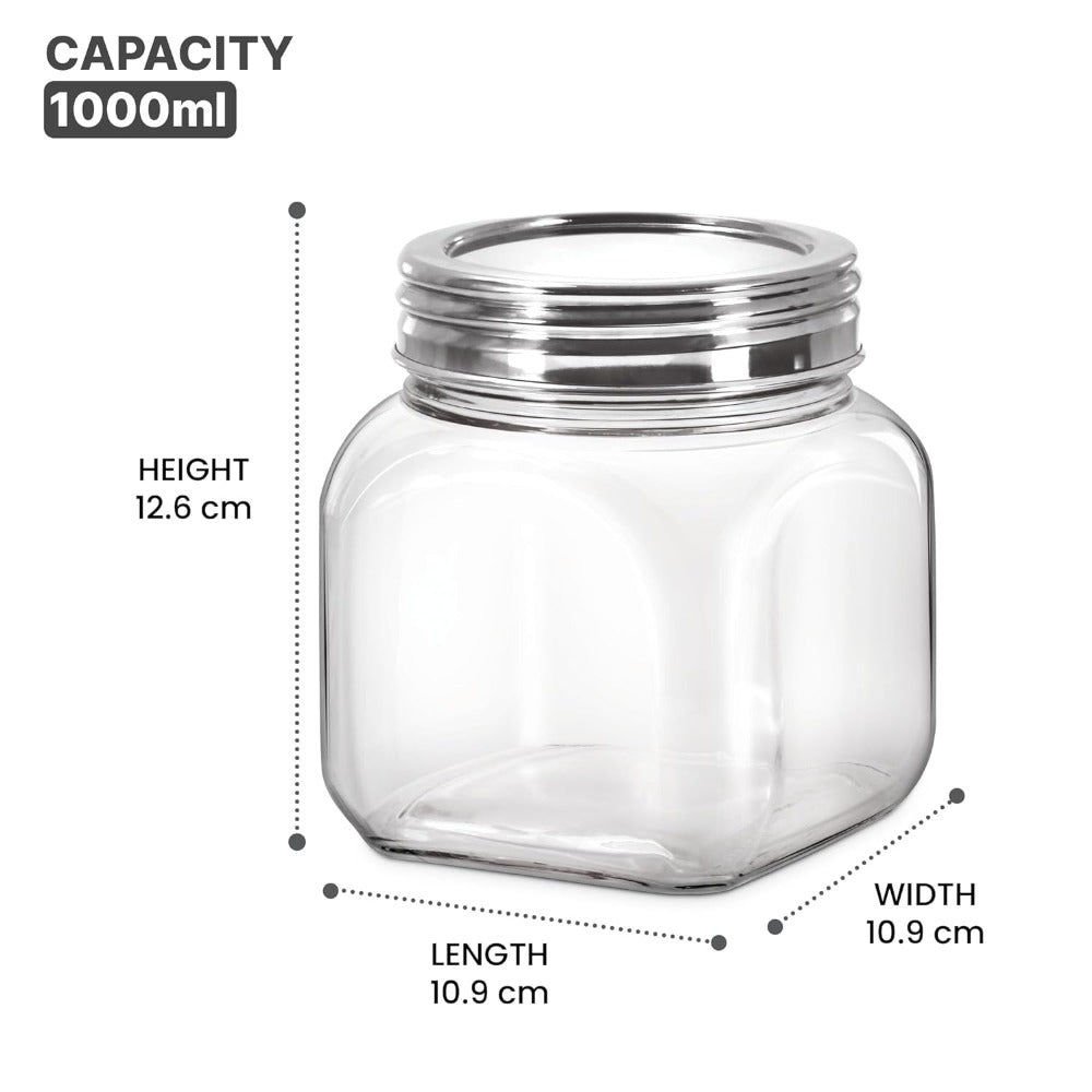 Treo Square Glass Storage Jar with Steel Lid Transparent Pc