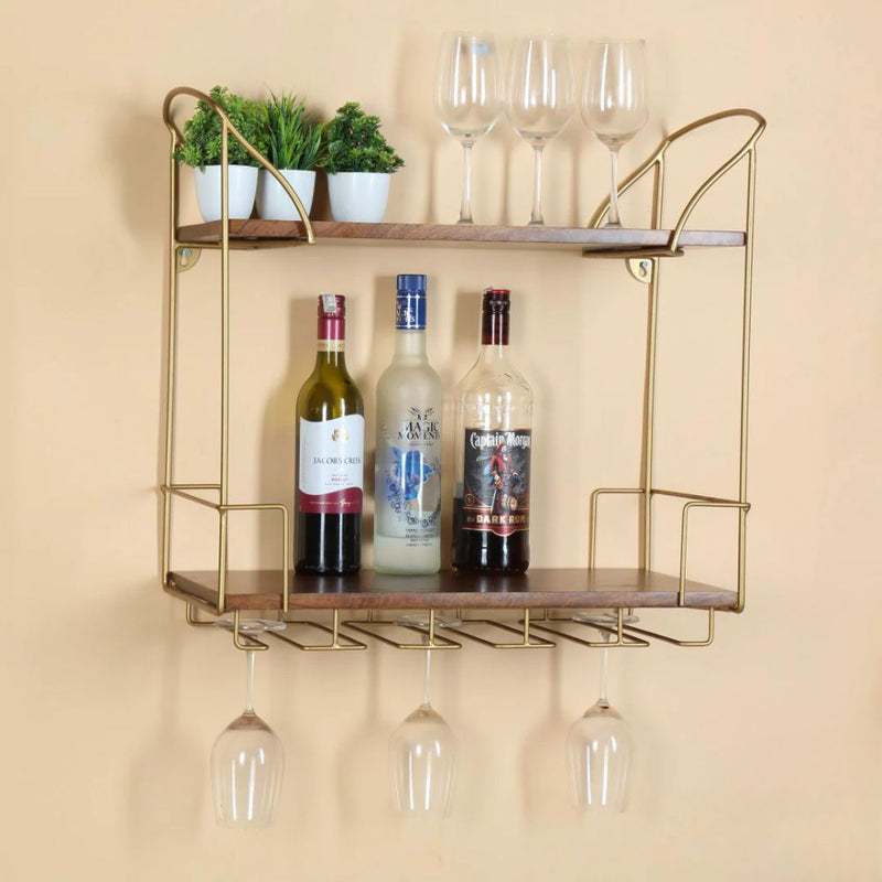 Softel Gold Finish Wood Shelf with Wine Glass Holder - 1