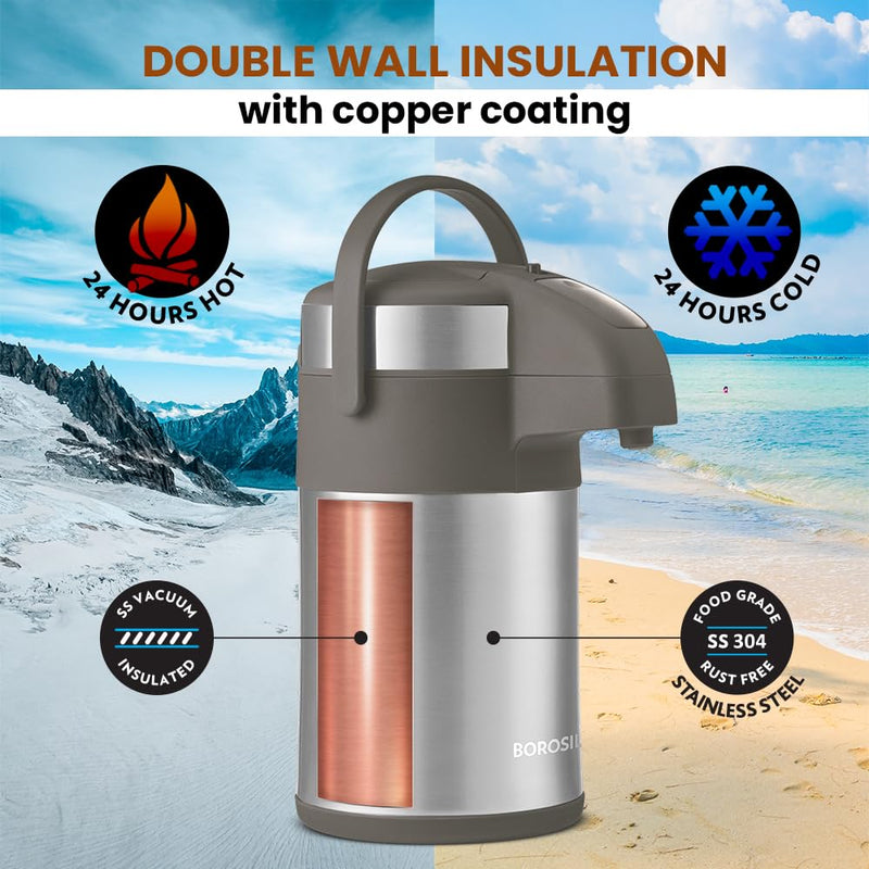 Borosil  3-Liter Airpot Insulated Flask | Beverage Dispenser for Serving Tea & Coffee |24 hrs Hot and Cold | Water Jug  Silver from RasoiShop