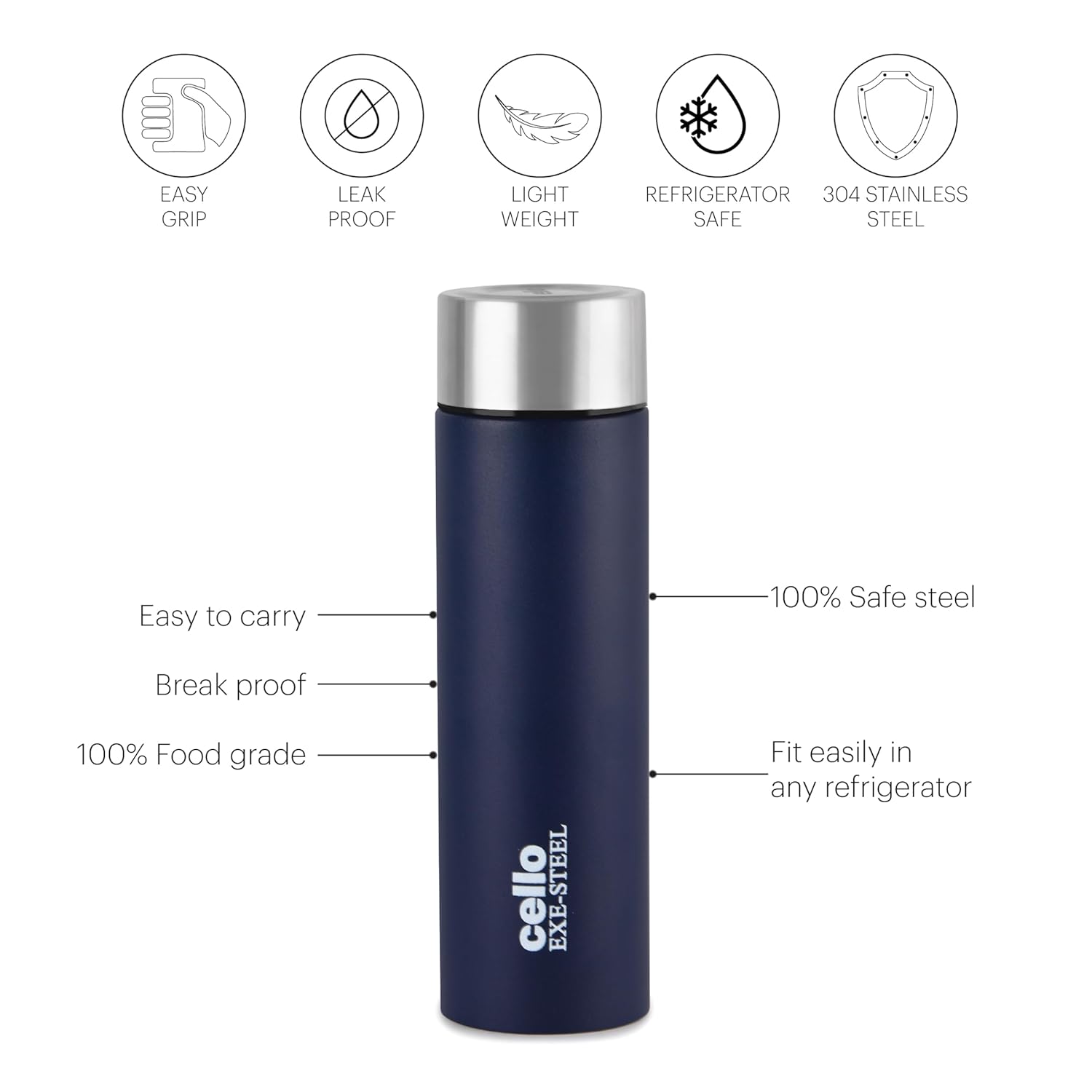 CELLO H2O Stainless Steel Water Bottle | Leak proof & break-proof | Lid is sealed by a silicone ring | 1 Litre