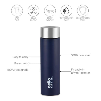 CELLO H2O Stainless Steel Water Bottle | Leak proof & break-proof | Lid is sealed by a silicone ring | 1 Litre