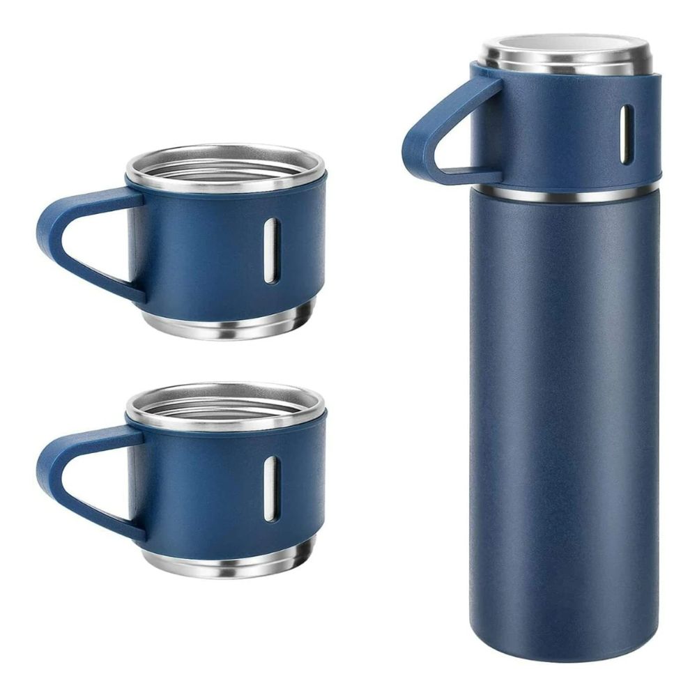 Stainless Steel Vacuum Flask Set with 3 Steel Cups | Set of 3 Pcs