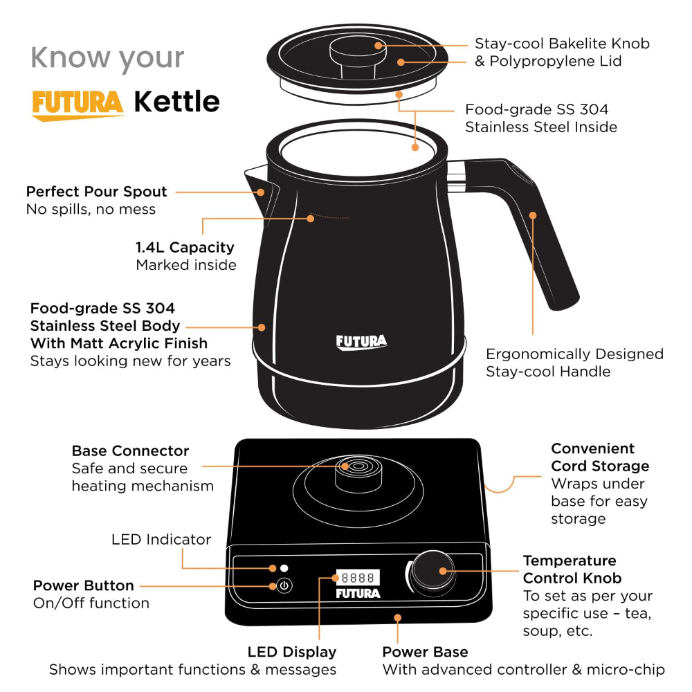 Hawkins Futura Stainless Steel 1.4 Litre 1200 Watts Electronic Smart Kettle with Micro-Chip - FKTA1 - 2