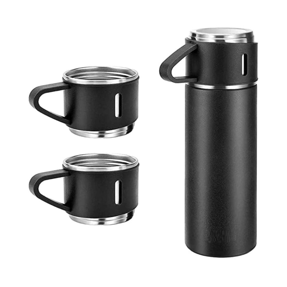 Stainless Steel Vacuum Flask Set with 3 Steel Cups Black Set of 3