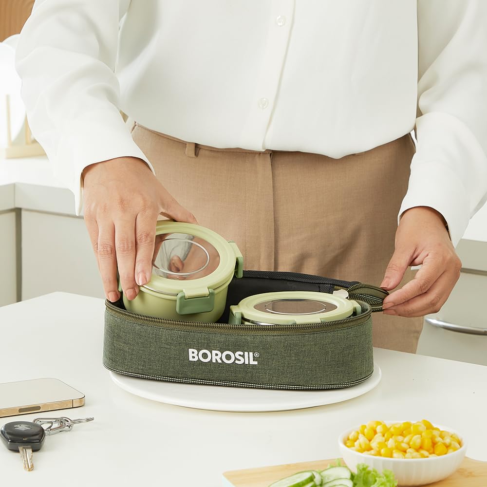 Borosil Glory 2 Container Stainless Steel Lunchbox with Bag - 18