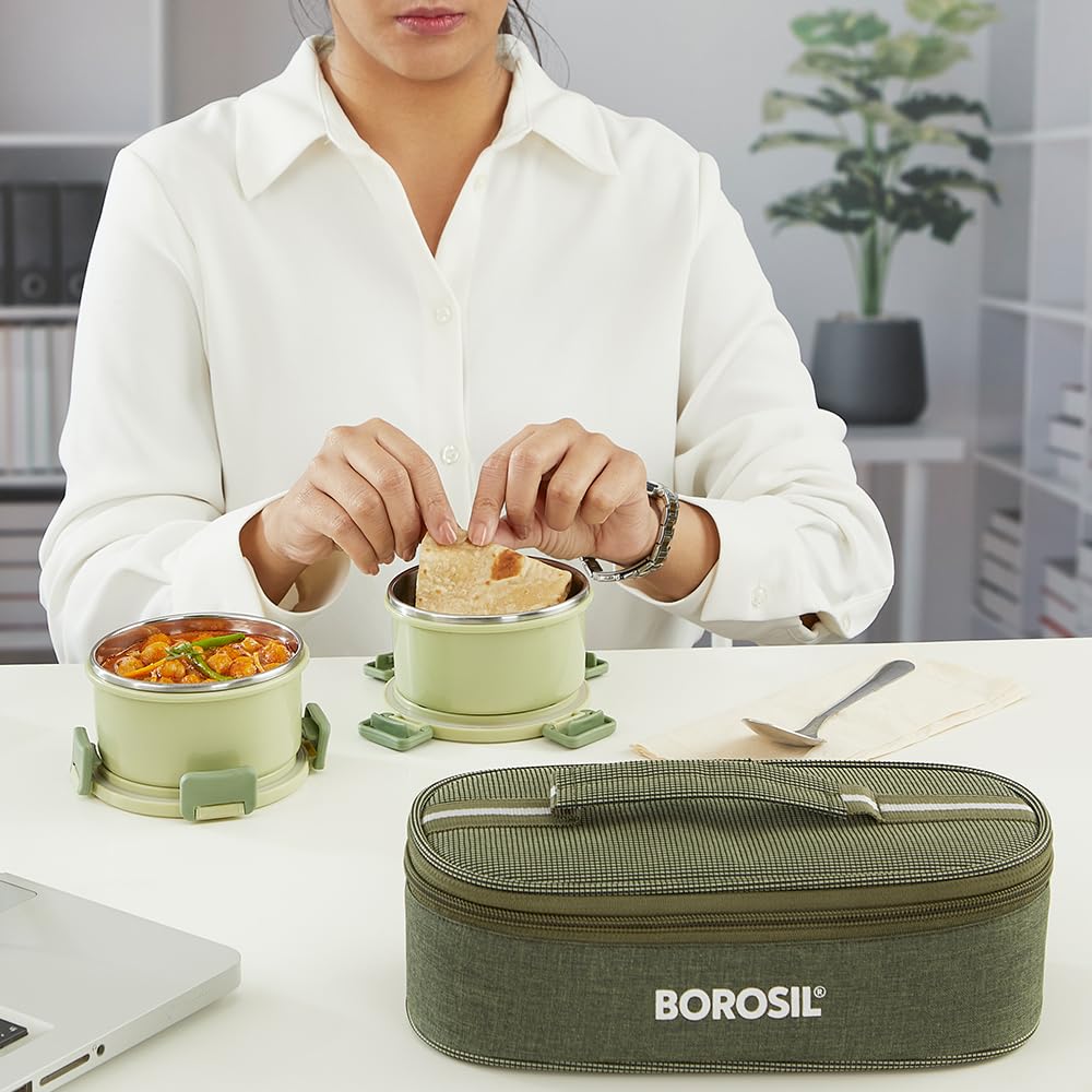 Borosil Glory 2 Container Stainless Steel Lunchbox with Bag - 17