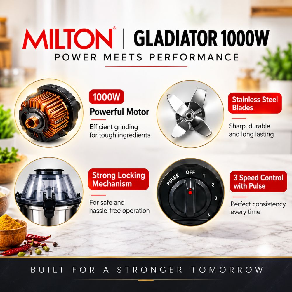 Milton Gladiator 1000 Watts Mixer Grinder with 3 Multipurpose Jars - 3