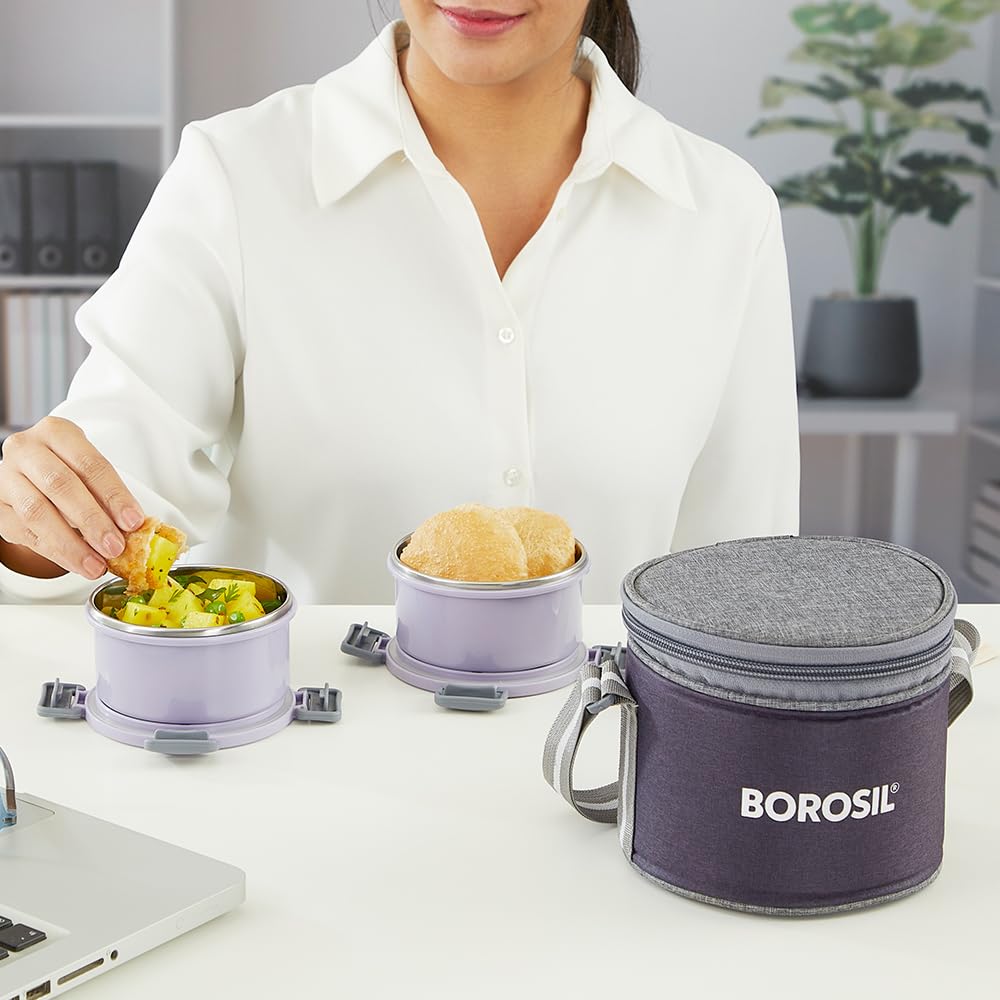 Borosil Glory 2 Container Stainless Steel Lunchbox with Bag - 10