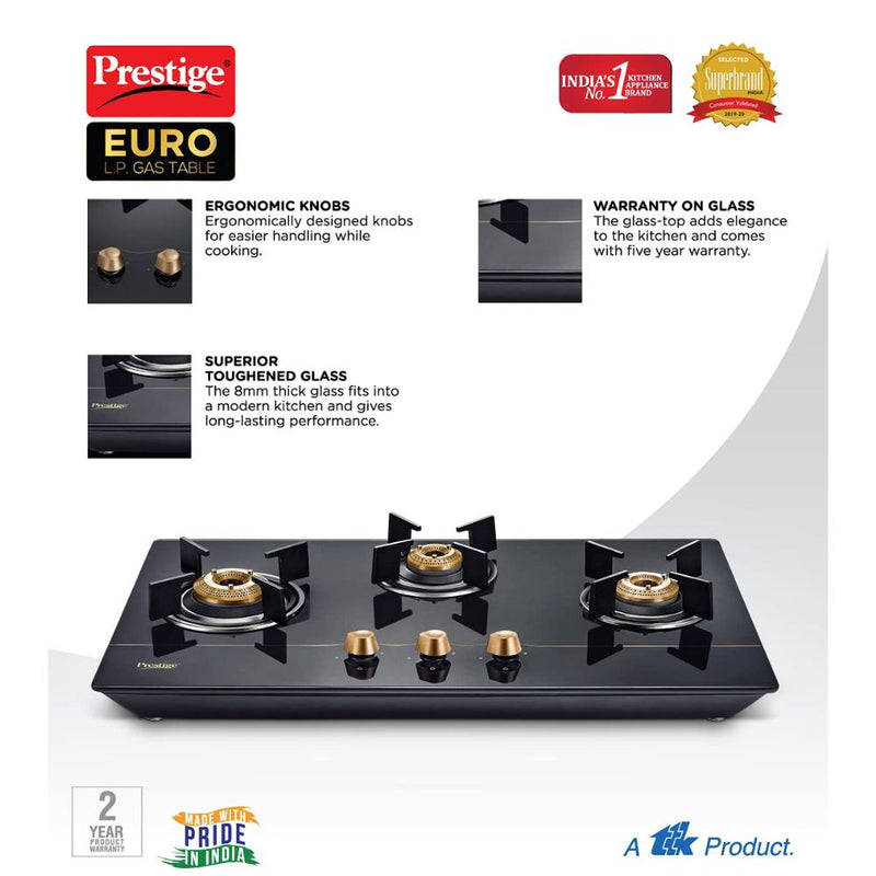 Prestige Euro Glass Top 3 Burners Gas Stove With Toughened Glass Top - 40366 - 5