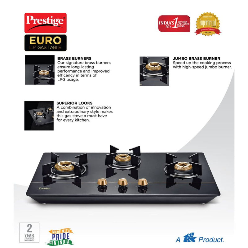 Prestige Euro Glass Top 3 Burners Gas Stove With Toughened Glass Top - 40366 - 4