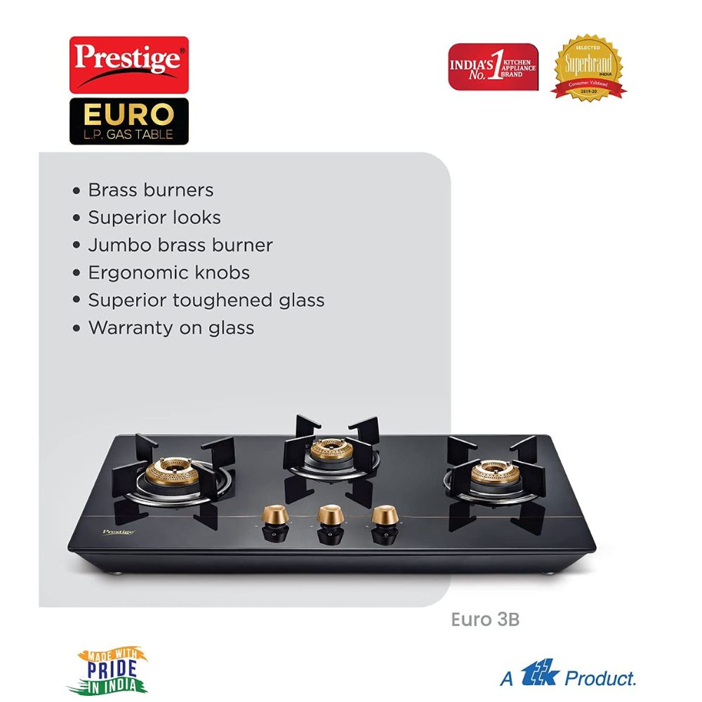 Prestige Euro Glass Top 3 Burners Gas Stove With Toughened Glass Top