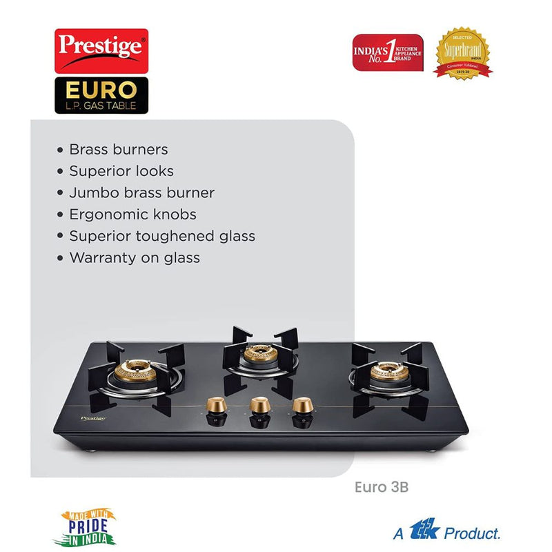 Prestige Euro Glass Top 3 Burners Gas Stove With Toughened Glass Top - 40366 - 3