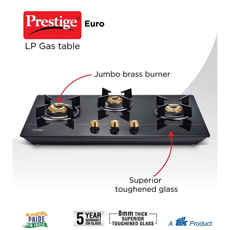 Prestige Euro Glass Top 3 Burners Gas Stove With Toughened Glass Top - 40366 - 2