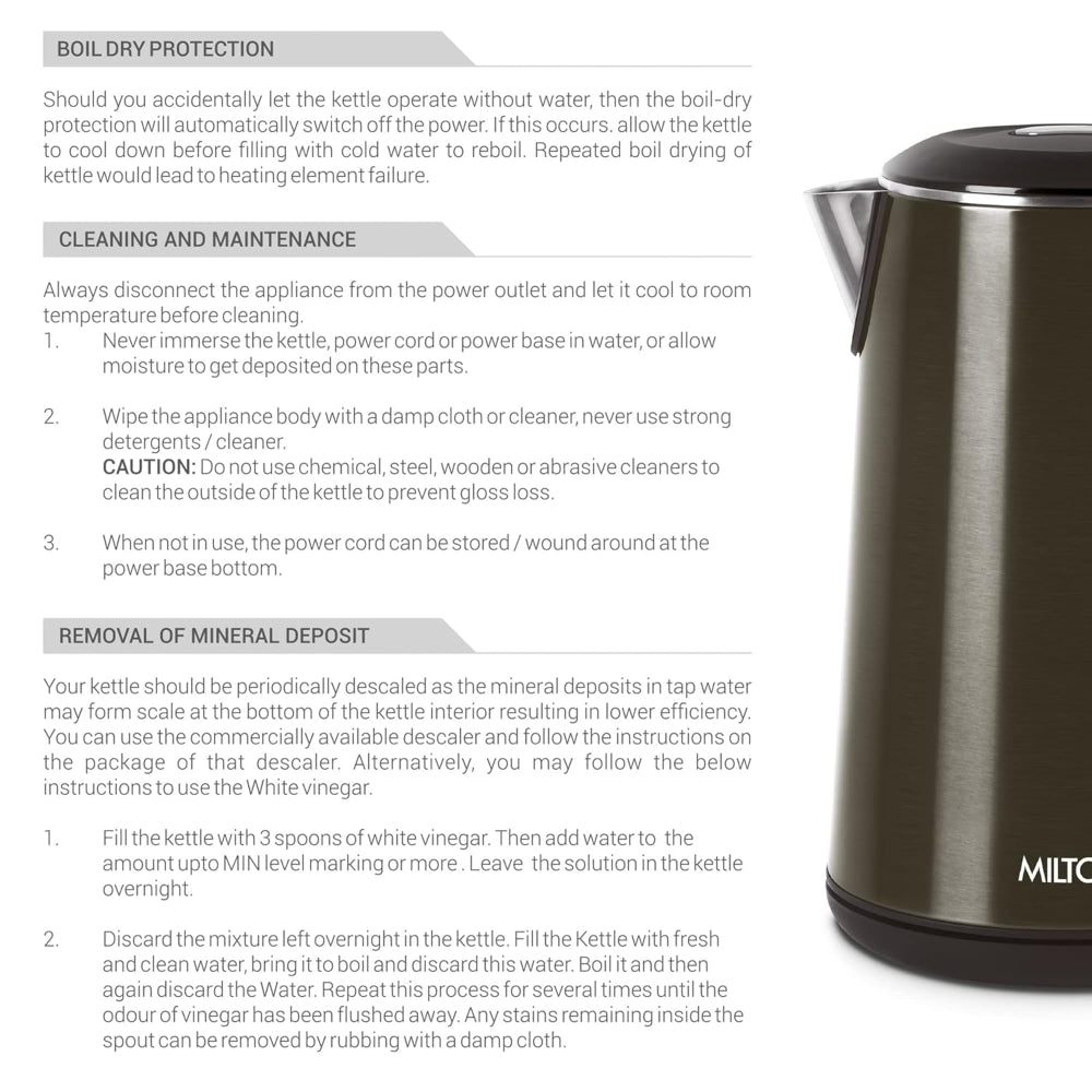 Milton Stainless Steel Hagen 1500 Watts 1.8 Litre Electric Kettle - 7