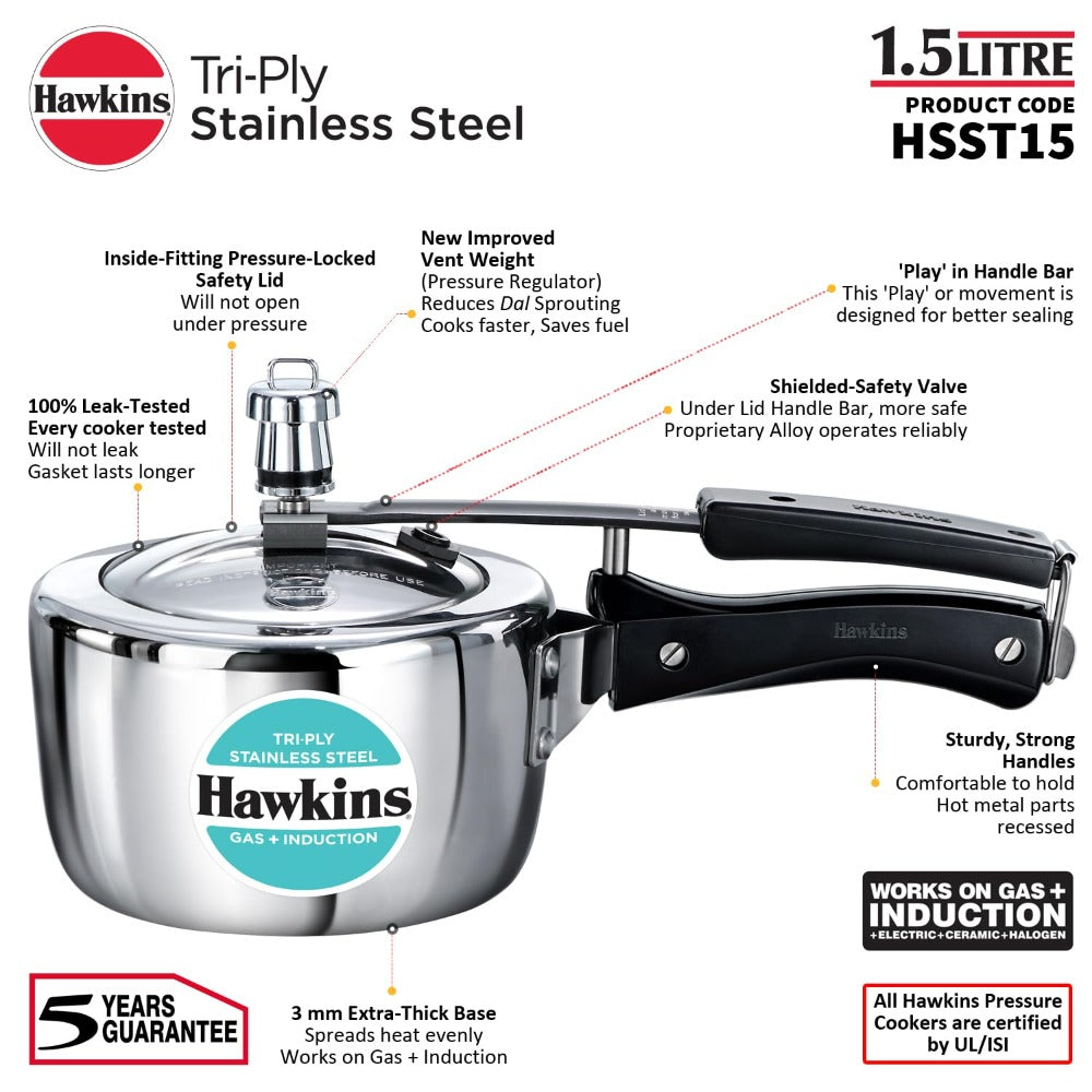 Hawkins Triply Stainless Steel Pressure Cooker Gas Induction