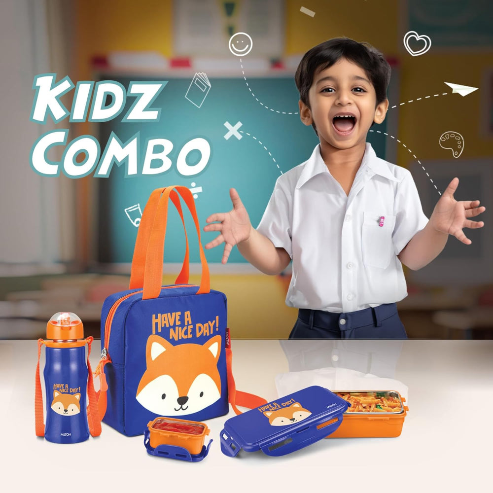 Milton Kidz Combo Tiffin - 650 ML Tiffin with inner steel + 415 ML Stainless Steel Bottle - 2