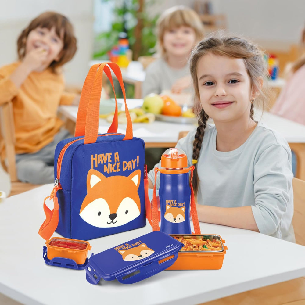 Milton Kidz Combo Tiffin - 650 ML Tiffin with inner steel + 415 ML Stainless Steel Bottle - 3