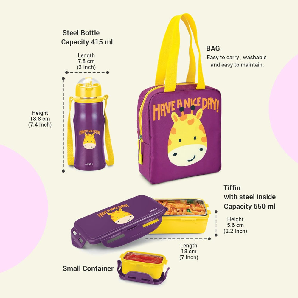 Milton Kidz Combo Tiffin - 650 ML Tiffin with inner steel + 415 ML Stainless Steel Bottle - 7