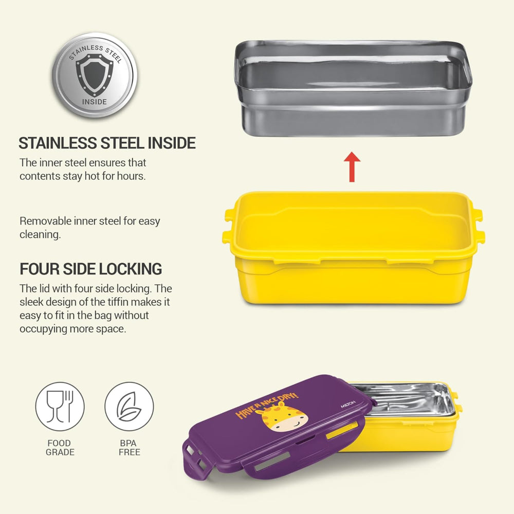 Milton Kidz Combo Tiffin - 650 ML Tiffin with inner steel + 415 ML Stainless Steel Bottle - 8
