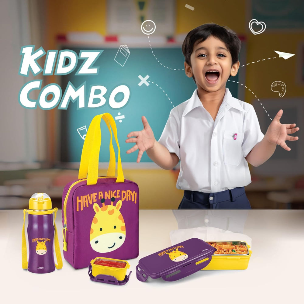 Milton Kidz Combo Tiffin - 650 ML Tiffin with inner steel + 415 ML Stainless Steel Bottle - 5