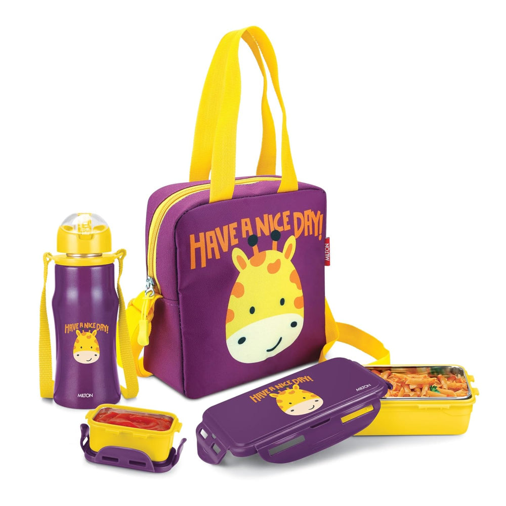 Milton Kidz Combo Tiffin - 650 ML Tiffin with inner steel + 415 ML Stainless Steel Bottle - 4