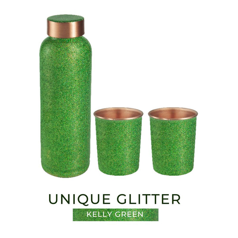 LaCoppera Copper Unique Glitter Kelly Green Bottle with 2 Glass Set - LG8010 | Unique Gift Set | Green | Set of 3 Pcs