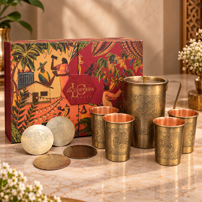 LaCoppera Rajwada Copper Jug Set with Antique Brass Finish - 2