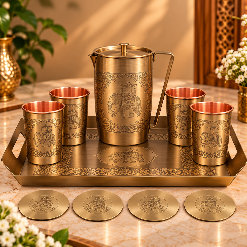LaCoppera Rajwada Copper Jug Set with Antique Brass Finish - 1