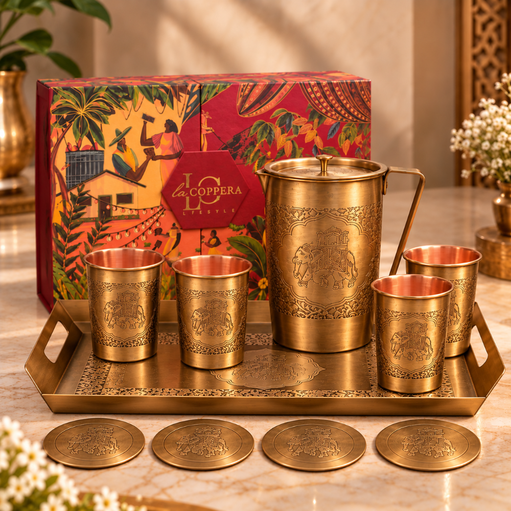 LaCoppera Rajwada Copper Jug Set with Antique Brass Finish - 3