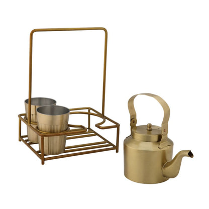 LaCoppera Premium Brass Tapri Tea Set – 2  Glasses & Kettle with Stand - 3