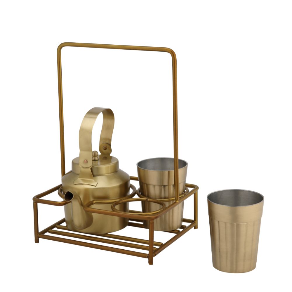 LaCoppera Premium Brass Tapri Tea Set – 2  Glasses & Kettle with Stand - 1