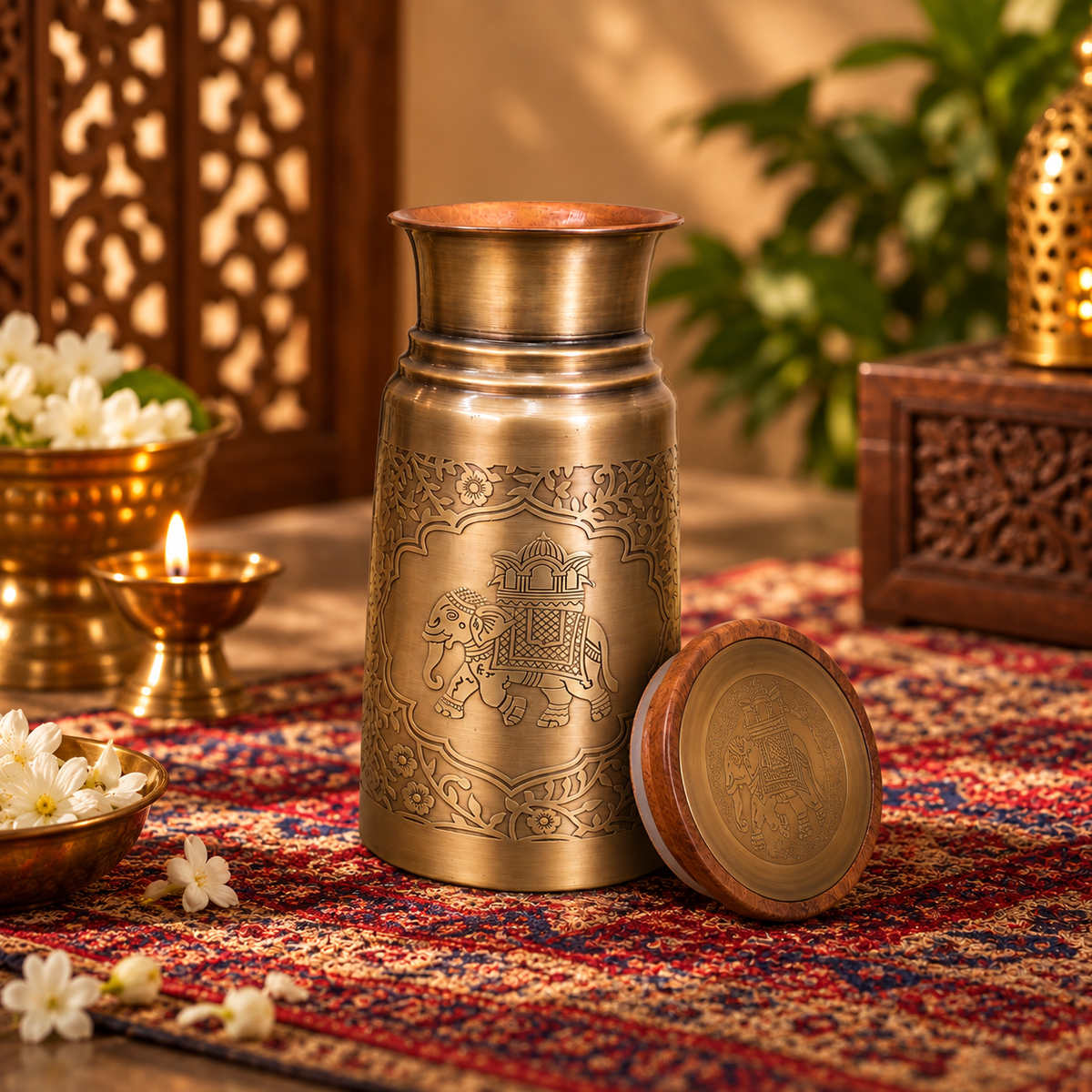 Lacoppera Zora Sepia Gold Copper Carafe with Wooden Lid | Handcrafted Antique Brass Finish | 1 Pc