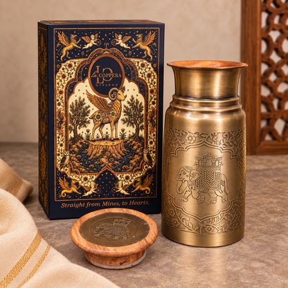 Lacoppera Zora Sepia Gold Copper Carafe with Wooden Lid | Handcrafted Antique Brass Finish | 1 Pc
