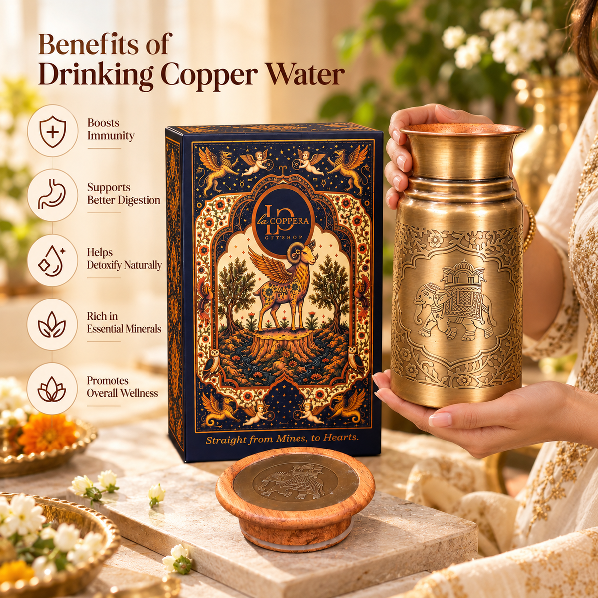 Lacoppera Zora Sepia Gold Copper Carafe with Wooden Lid | Handcrafted Antique Brass Finish | 1 Pc