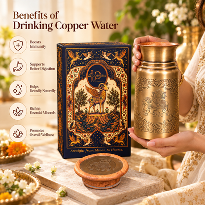 Lacoppera Zora Sepia Gold Copper Carafe with Wooden Lid | Handcrafted Antique Brass Finish | 1 Pc