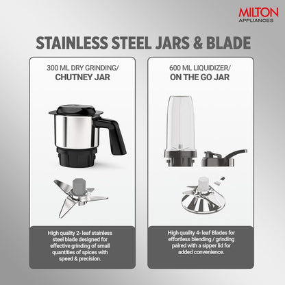 Milton MiniQ Mini Bullet 350 Watts Mixer Grinder with 2 Multipurpose Jar - 8