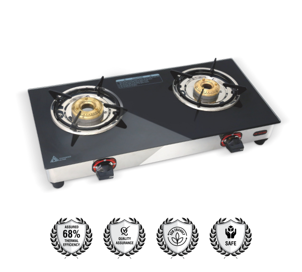 Softel Nano GT 2 Burner Glass Top Gas Stove | Black & Silver