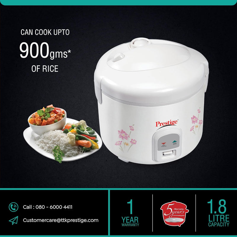 Prestige PRWCS 700-Watt Electric Rice Cooker, White, 1.8 Liter