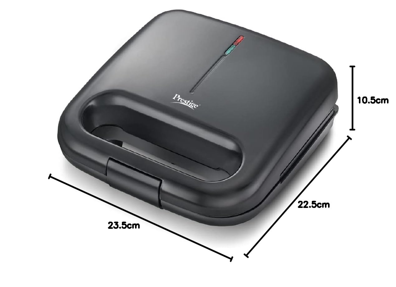 Black sandwich toaster with dimensions on a white background.. Prestige PSDP 01 750 Watts Sandwich Toaster with Deep Non-Stick Fixed Sandwich Plates | Black only at www.rasoishop.com