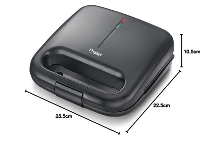 Black sandwich toaster with dimensions on a white background.. Prestige PSDP 01 750 Watts Sandwich Toaster with Deep Non-Stick Fixed Sandwich Plates | Black only at www.rasoishop.com