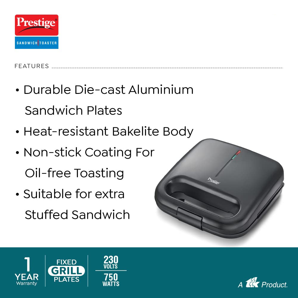 Prestige PSDP 01 750 Watts Sandwich Toaster with Deep Non-Stick Fixed Sandwich Plates | Black only at www.rasoishop.com
