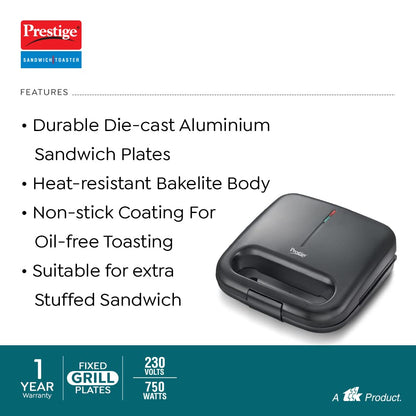 Prestige PSDP 01 750 Watts Sandwich Toaster with Deep Non-Stick Fixed Sandwich Plates | Black only at www.rasoishop.com
