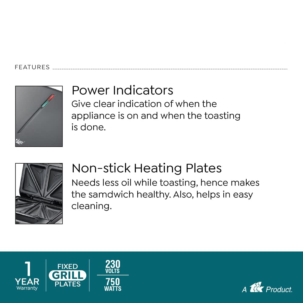 Product features of a toaster with power indicators and non-stick heating plates on a white background. Prestige PSDP 01 750 Watts Sandwich Toaster with Deep Non-Stick Fixed Sandwich Plates | Black only at www.rasoishop.com