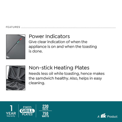 Product features of a toaster with power indicators and non-stick heating plates on a white background. Prestige PSDP 01 750 Watts Sandwich Toaster with Deep Non-Stick Fixed Sandwich Plates | Black only at www.rasoishop.com